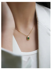 Gold Plated Square Green Zircon Pendant Necklace