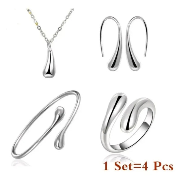 Water Drop Jewelry Set in S925 Silver – 4 Pieces of Elegance: Earrings, Ring & Bracelet