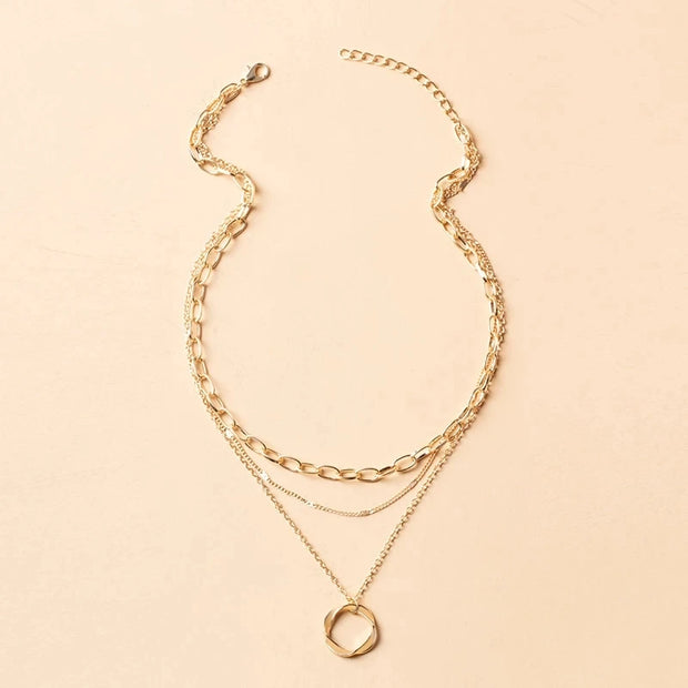 Vintage Gold Multilayer Chain Necklace – Luxury Round Pendant Choker